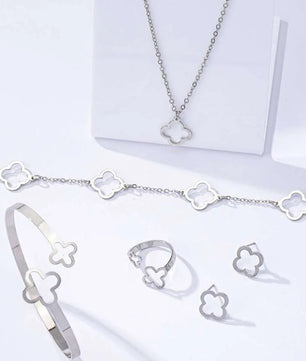 Fashion Lucky Clover Necklace Earrings - Chain Bracelet and Ring Set