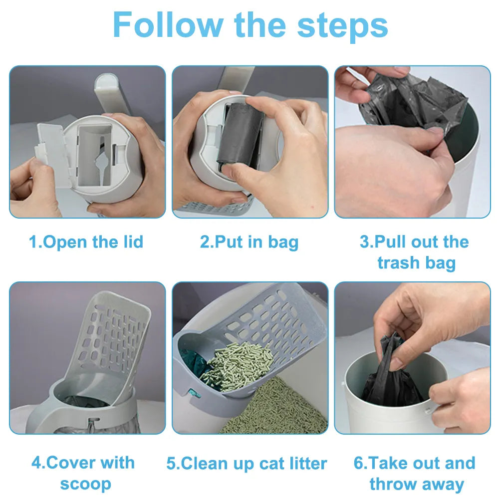 2 In 1 Portable Cat Litter Scoops Detachable Cat Litter Shovel with Refill Bags Litter Waste Container for Cat Cleaning Supplies