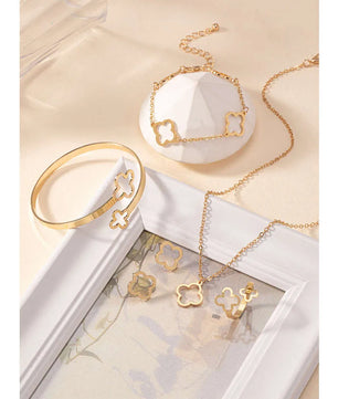 Fashion Lucky Clover Necklace Earrings - Chain Bracelet and Ring Set