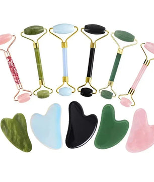 2Pcs Natural Jade Roller Gua Sha Set Face