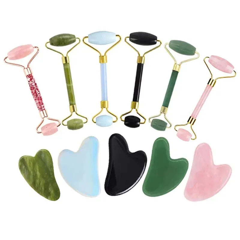 2Pcs Natural Jade Roller Gua Sha Set Face