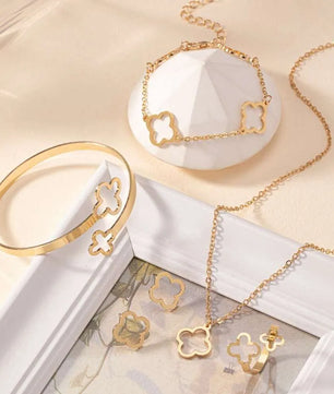 Fashion Lucky Clover Necklace Earrings - Chain Bracelet and Ring Set