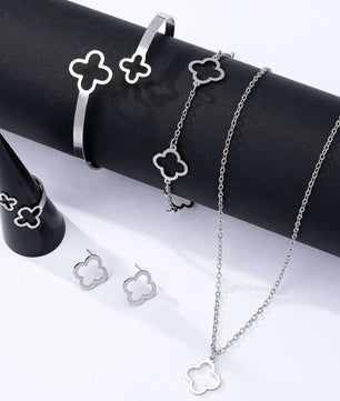Fashion Lucky Clover Necklace Earrings - Chain Bracelet and Ring Set