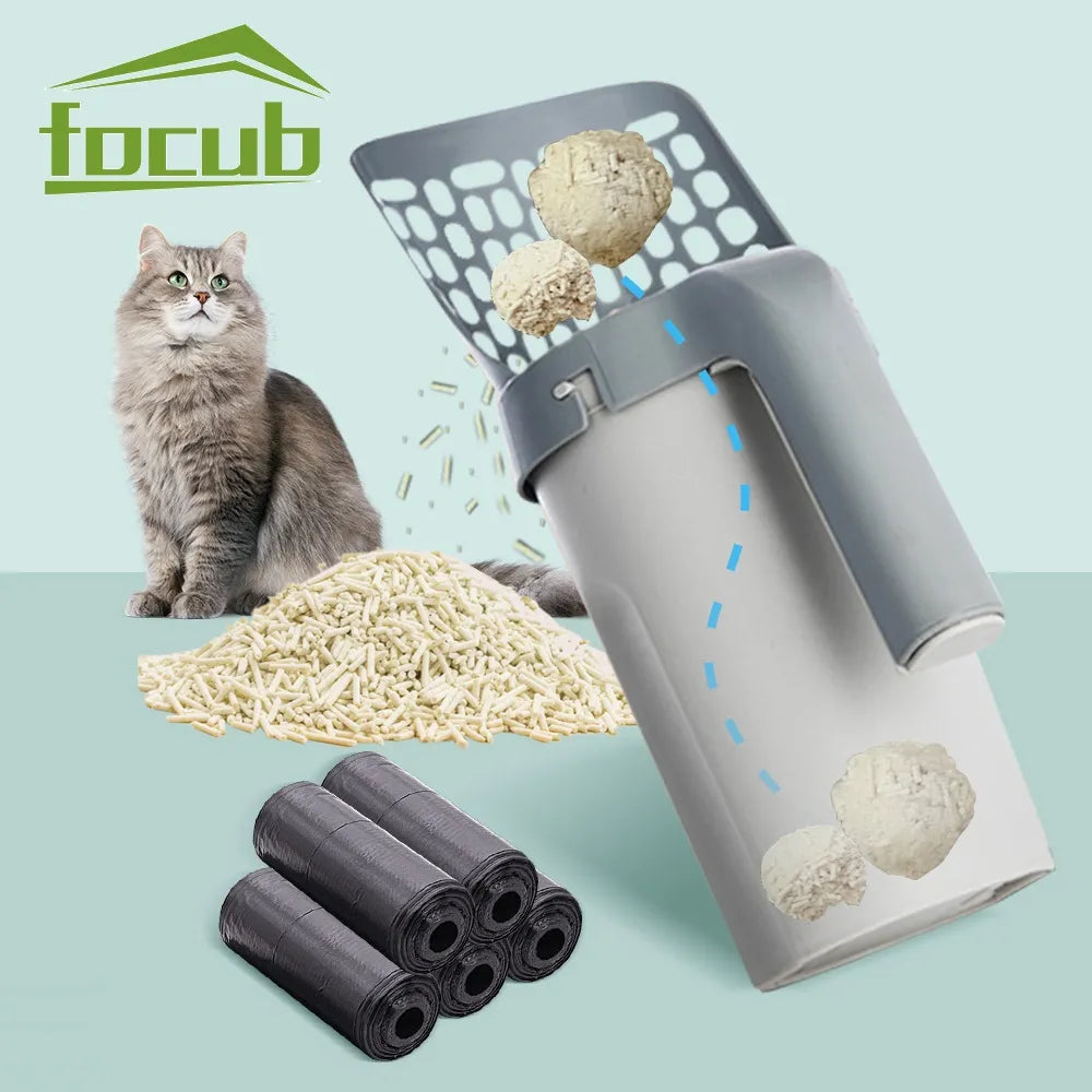 2 In 1 Portable Cat Litter Scoops Detachable Cat Litter Shovel with Refill Bags Litter Waste Container for Cat Cleaning Supplies