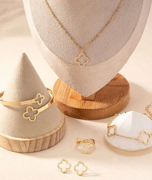 Fashion Lucky Clover Necklace Earrings - Chain Bracelet and Ring Set