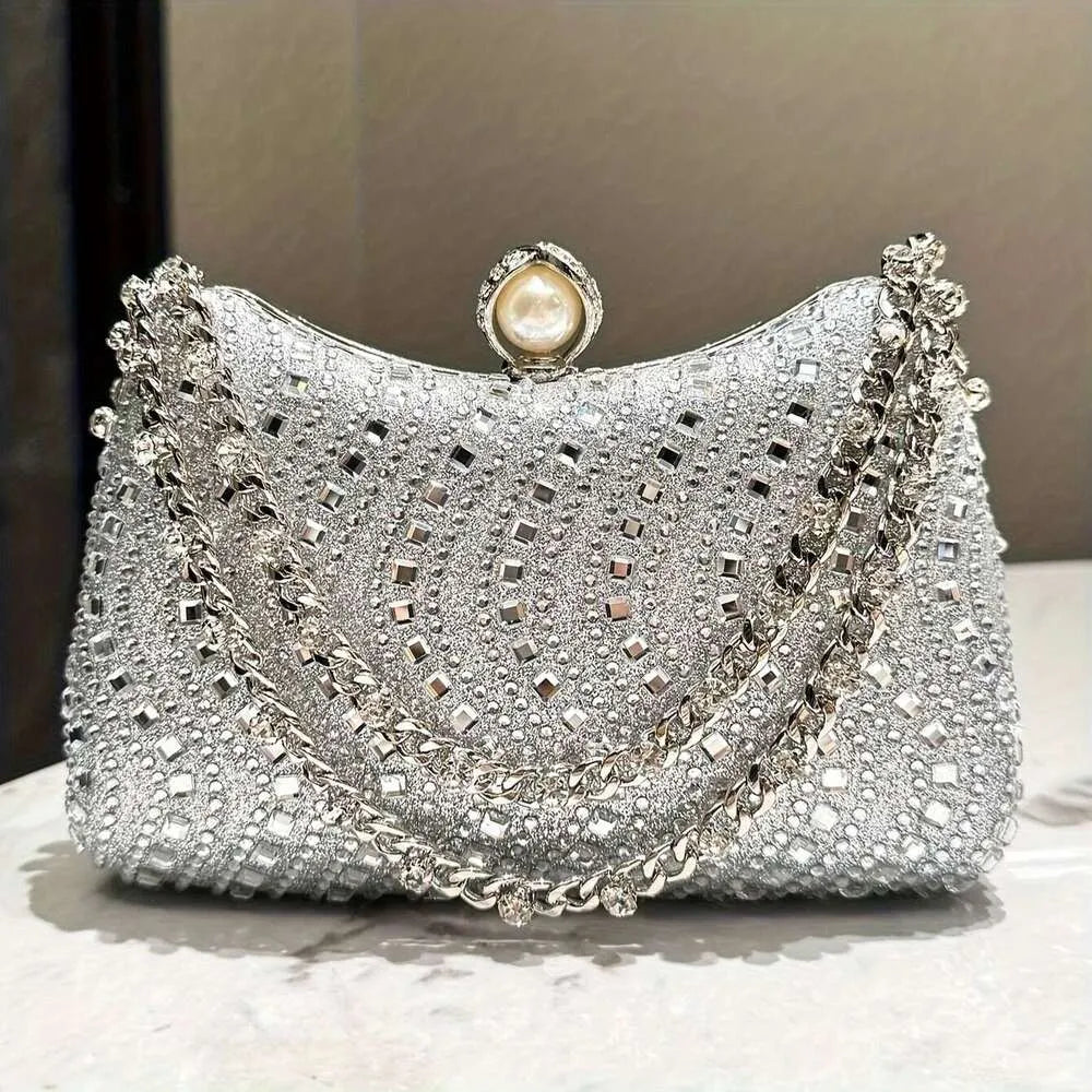 Glitter Evening Clutch Bag with Chain Strap