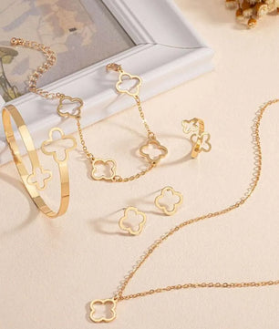 Fashion Lucky Clover Necklace Earrings - Chain Bracelet and Ring Set